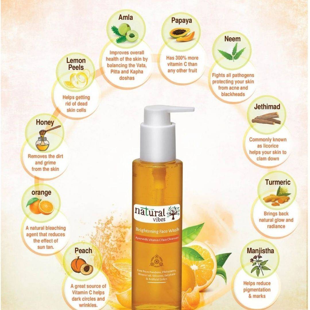 Ayurvedic Vitamin C Brightening Face Wash 120 ml – Face Wash by Natural Vibes available on Brown Living™. . SKU: 063 - 01379 - NV_vita_c_brightening_face_wash_120ml. Img 7.