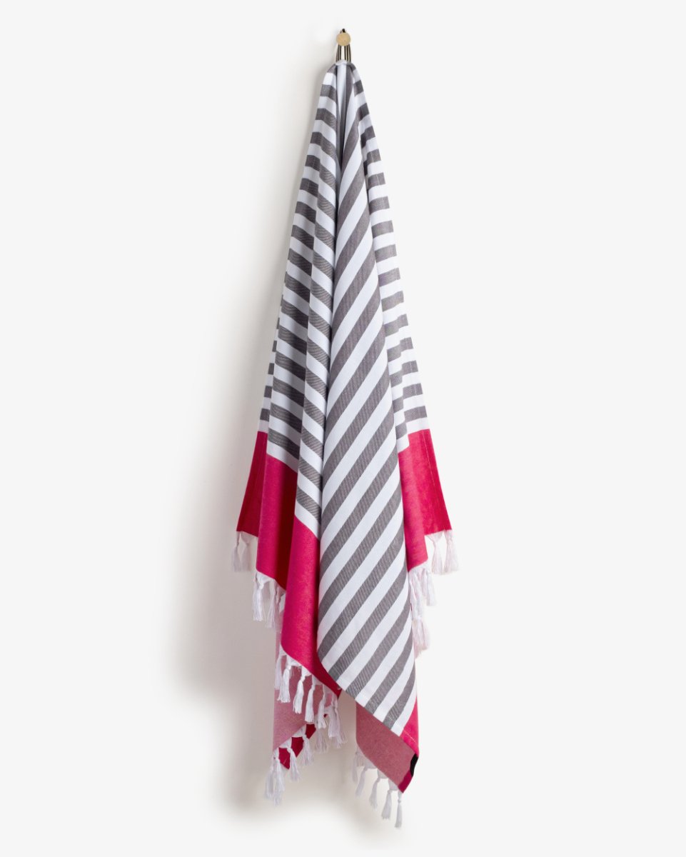 Bamboo & cotton Blend Woven Everyday Towels in Fuschia | Tula Stripe – Bath Linens on Brown Living™. SKU: WBT004. Img 1.