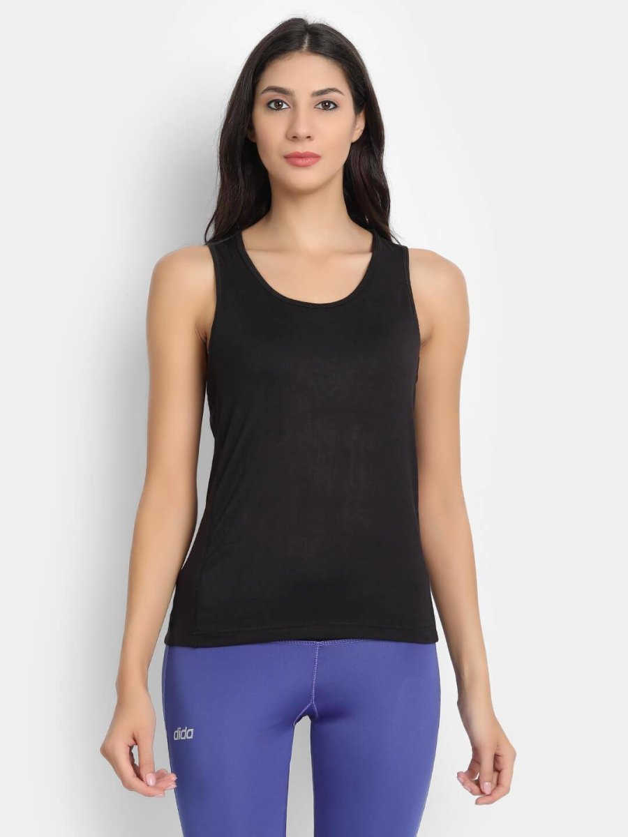 Bamboo Fabric Black Runner Vest – Womens Top on Brown Living™. SKU: 225 - 09642 - BAMBOOLOGY - BTSS21RWST - 31. Img 1.