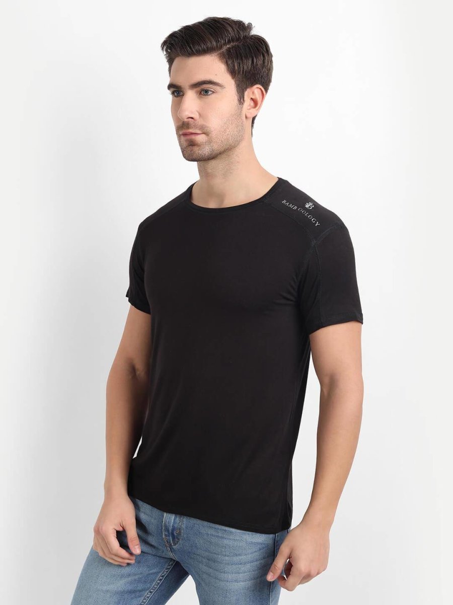 Bamboo Fabric Black T-shirt For Men – Mens T-Shirt on Brown Living™. SKU: 225 - 09601 - BAMBOOLOGY - BTAW21MNSTSHIRTHS51. Img 1.