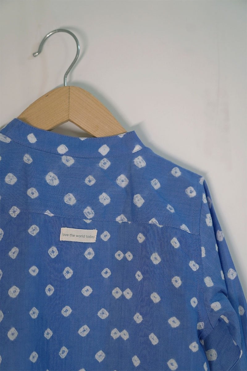 Barefoot Boy' Unisex Relaxed Fit Chinese Collar Bandhani Shirt In Blue | Verified Sustainable by Brown Living™