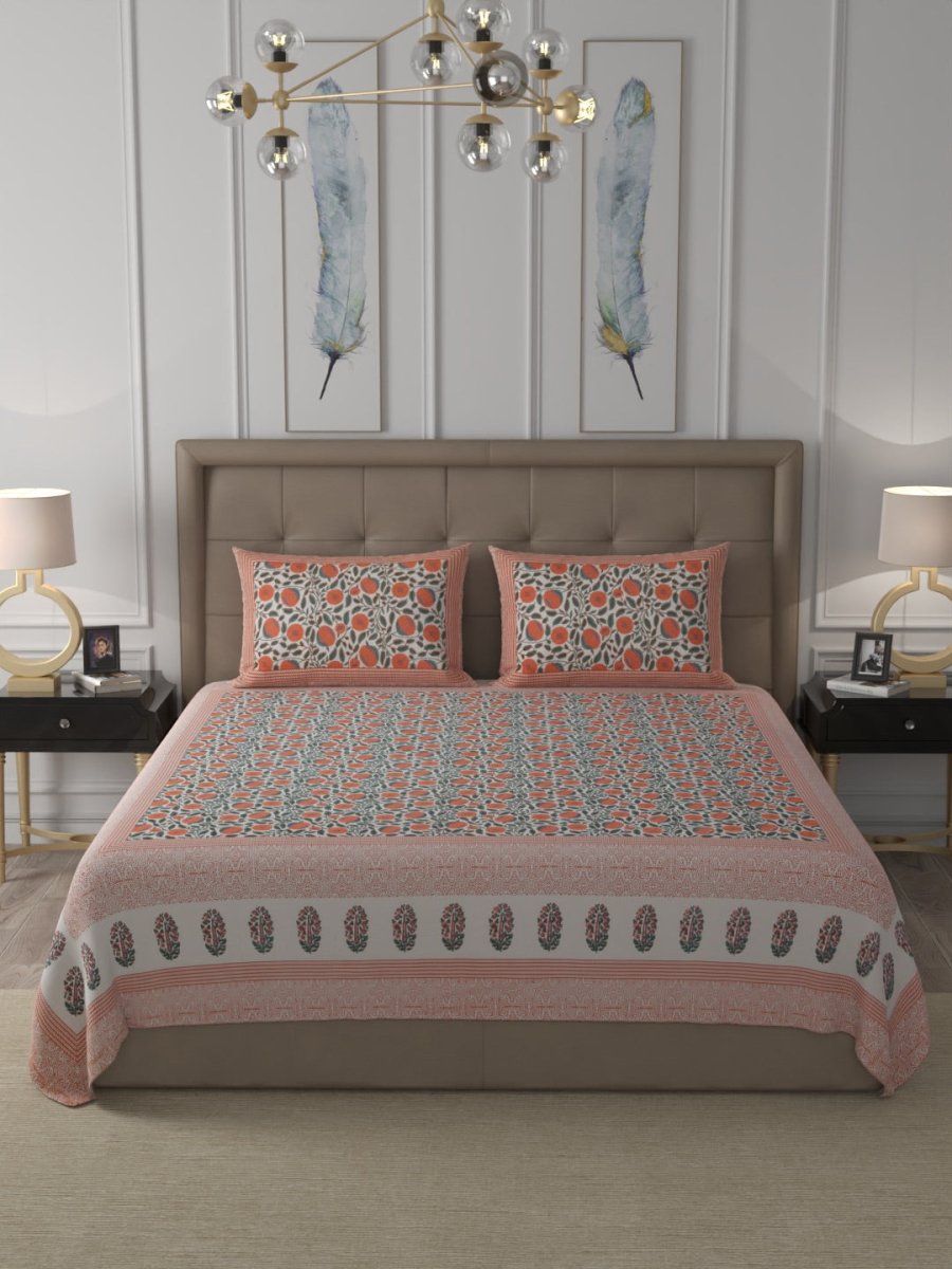 Beige Elegant Hand Block Paisley Print Cotton Super King Size Bedding Set | Verified Sustainable by Brown Living™