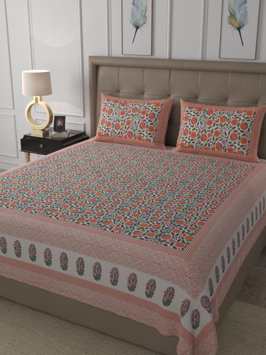 Beige Elegant Hand Block Paisley Print Cotton Super King Size Bedding Set | Verified Sustainable by Brown Living™