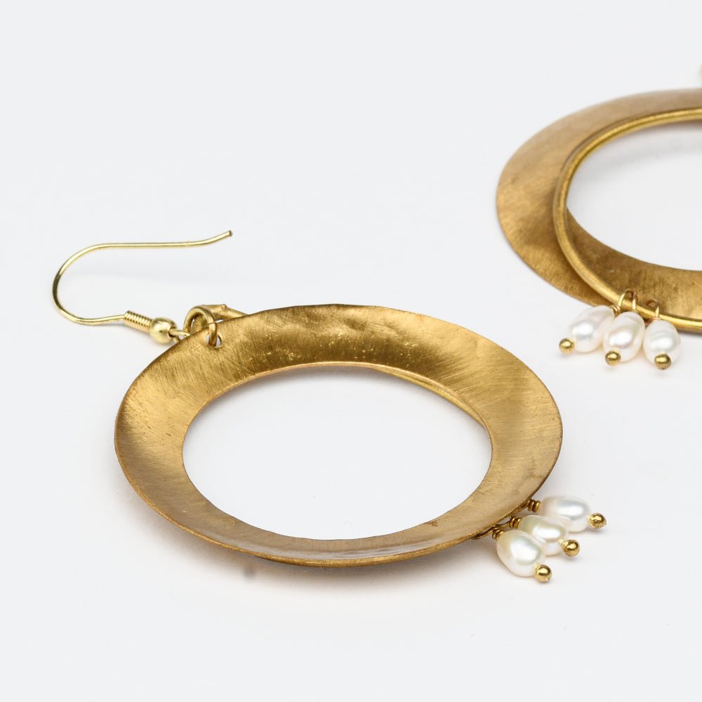 Big Ring Shaped with Pearls Handcrafted Brass Textured Earrings | Verified Sustainable by Brown Living™