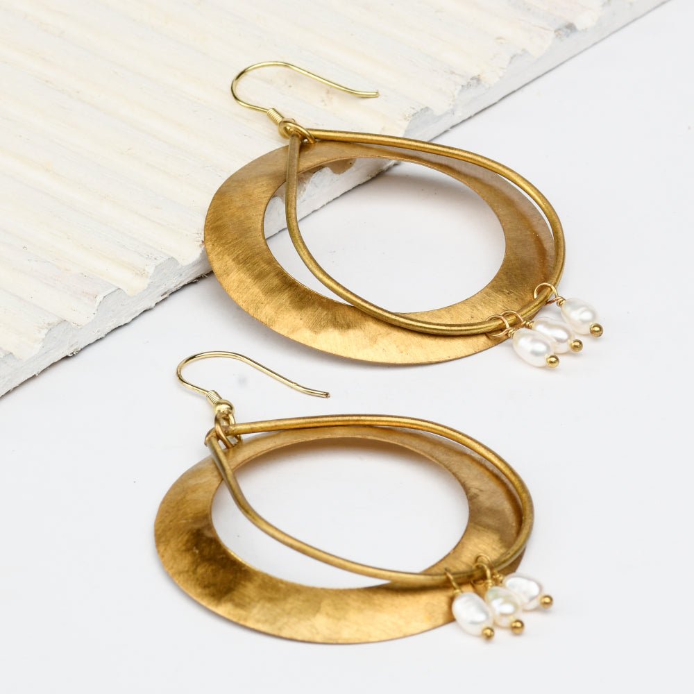 Big Ring Shaped with Pearls Handcrafted Brass Textured Earrings | Verified Sustainable by Brown Living™