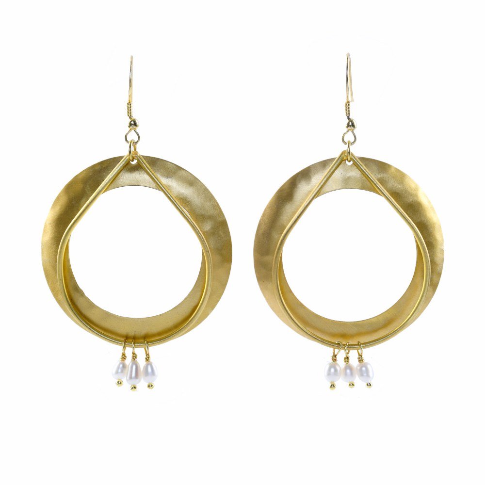 Big Ring Shaped with Pearls Handcrafted Brass Textured Earrings | Verified Sustainable by Brown Living™