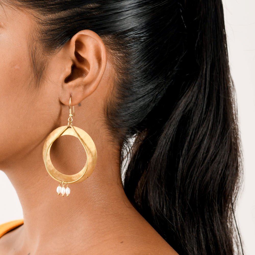 Big Ring Shaped with Pearls Handcrafted Brass Textured Earrings | Verified Sustainable by Brown Living™