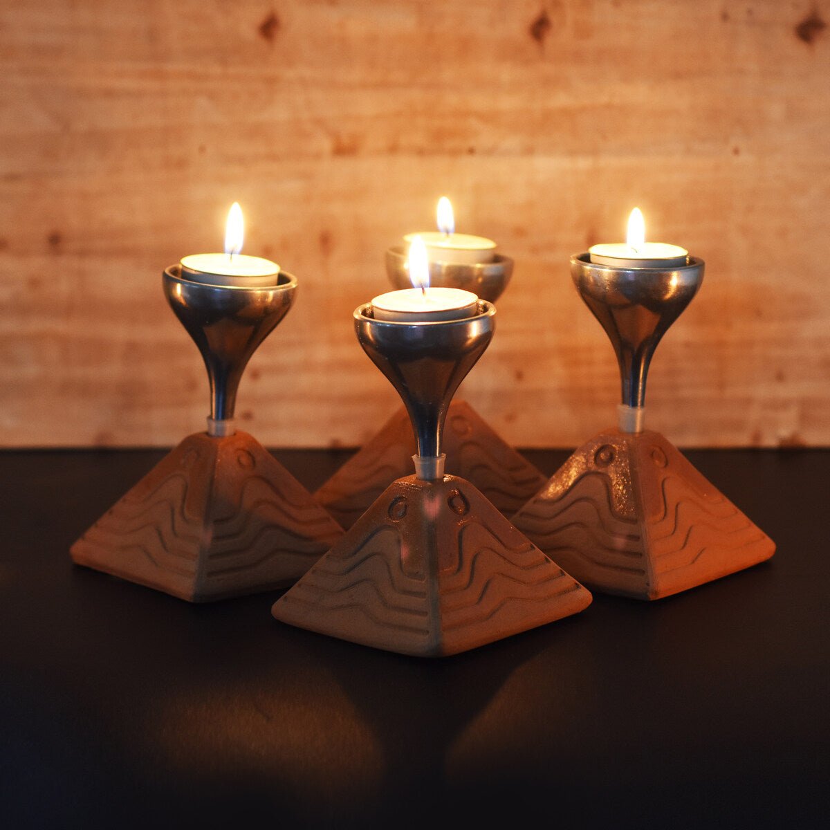Bliss Pyramid Aluminum Candle Holder - Set of 4 with Free 4 Soywax Tealights | Verified Sustainable by Brown Living™
