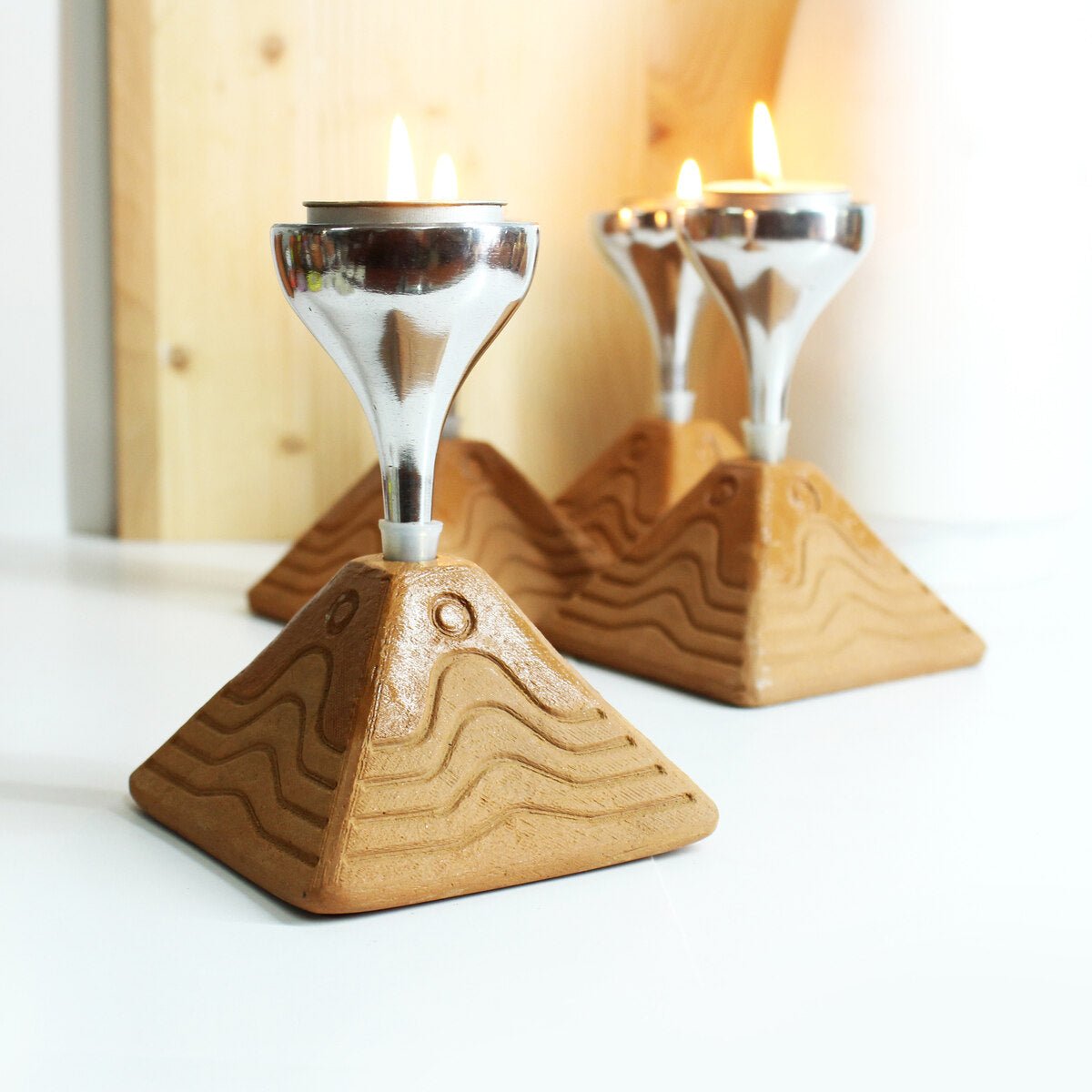 Bliss Pyramid Aluminum Candle Holder - Set of 4 with Free 4 Soywax Tealights | Verified Sustainable by Brown Living™