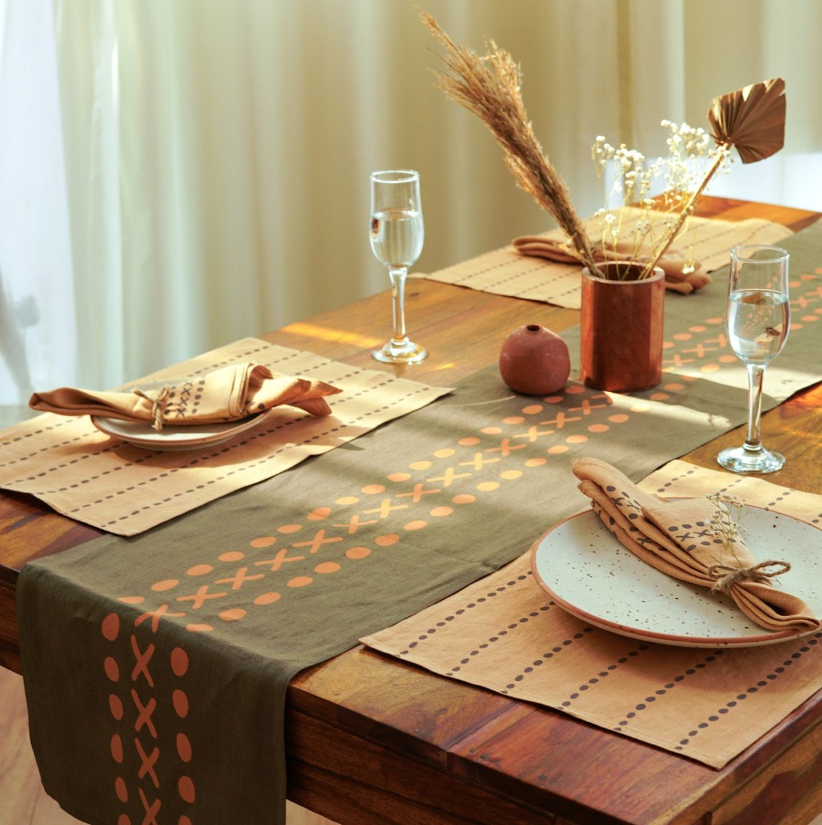 Block Printed Table Runner - Kaincha | Pure Hemp – Table Linens on Brown Living™. SKU: PRA035TR. Img 1.