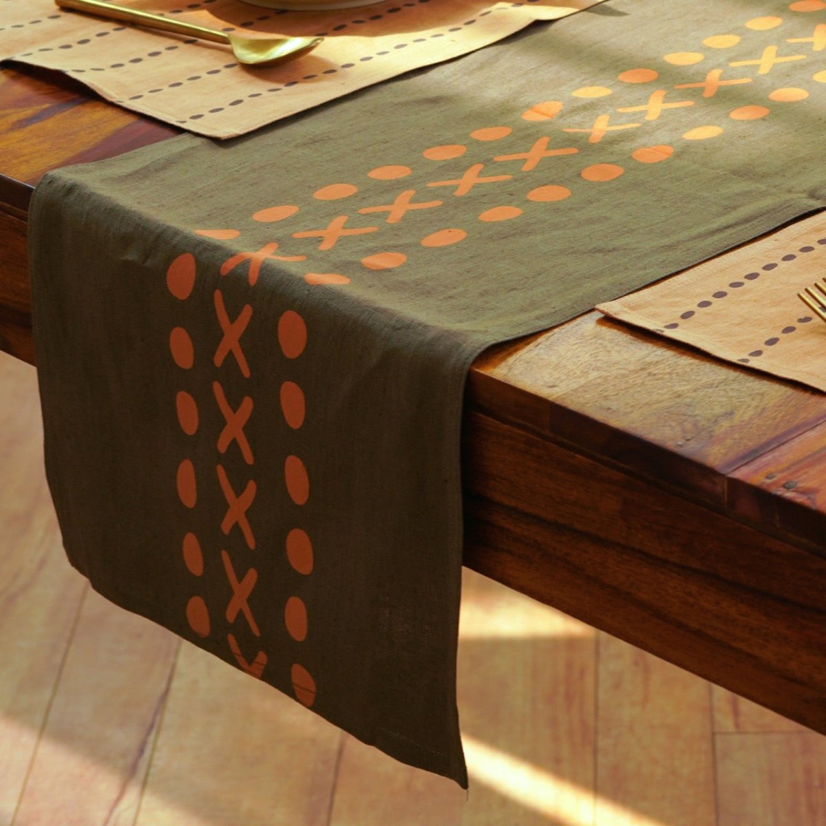 Block Printed Table Runner - Kaincha | Pure Hemp – Table Linens on Brown Living™. SKU: PRA035TR. Img 2.