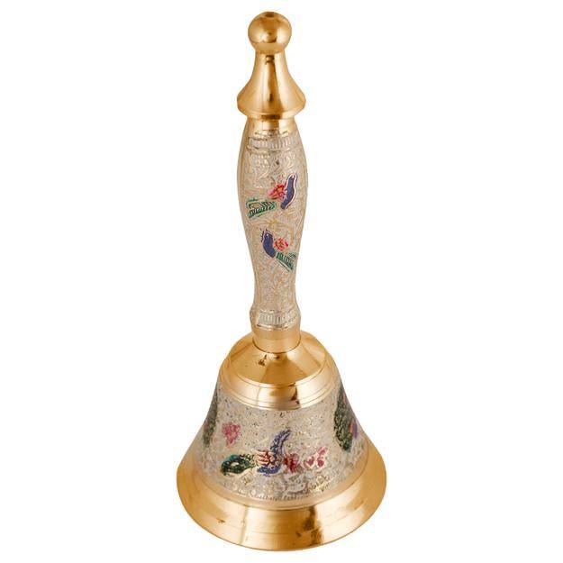 Brass Puja Bell for Home Mandir - Colourful Jingle Bell - 7" inch Tall – Pooja Needs on Brown Living™. SKU: 1213. Img 3.