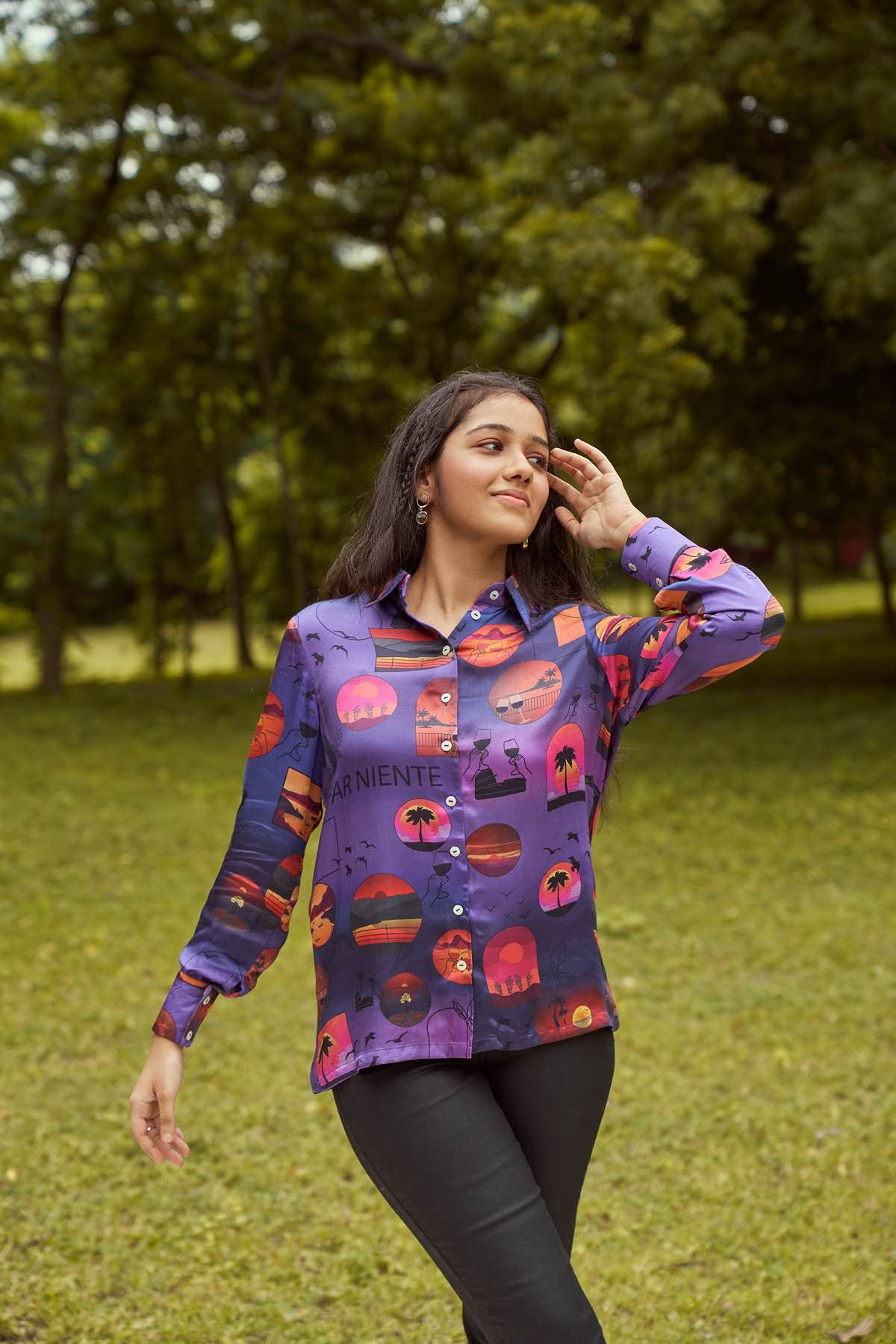 By The Ocean - Modal Satin Printed Shirt – Womens Shirt on Brown Living™. SKU: TCC - LDV - 071119. Img 1.