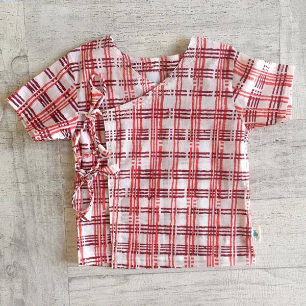 Checks Print Angarakha Top with White Pants – Kids Daywear Sets on Brown Living™. SKU: 186 - 06365 - CHK - RED - ANG+PLN - WHT - PYJ1. Img 3.