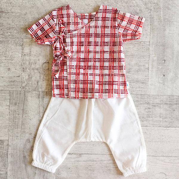 Checks Print Angarakha Top with White Pants – Kids Daywear Sets on Brown Living™. SKU: 186 - 06365 - CHK - RED - ANG+PLN - WHT - PYJ1. Img 2.