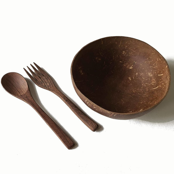 Buy Coconut Bowl 500ml & Wooden Cutlery | Shop Verified Sustainable Cutlery Kit on Brown Living™