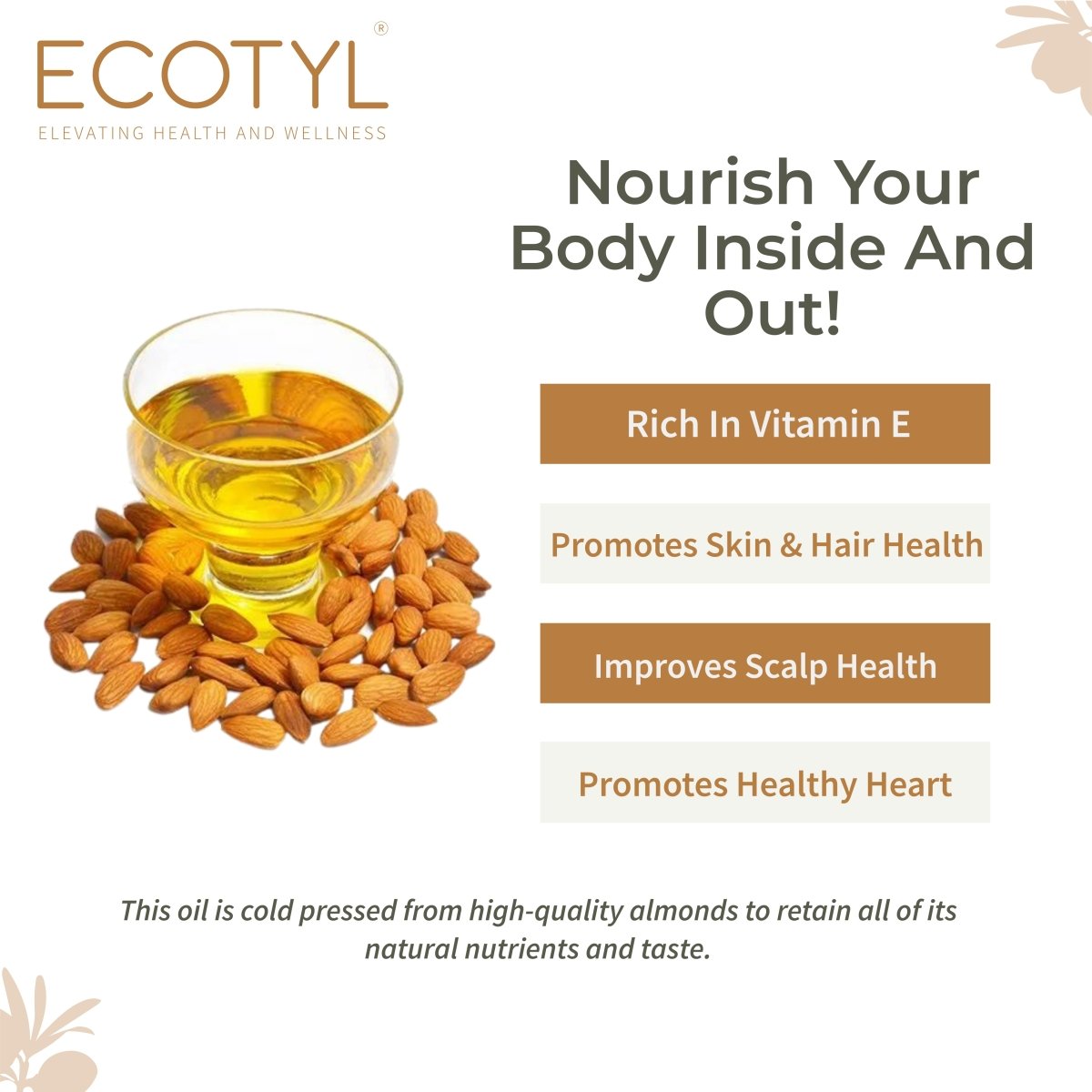 Cold Pressed Almond Oil - Sweet | Haircare & Skincare - 100ml – Cooking Oils on Brown Living™. SKU: ECOTYL00010. Img 2.