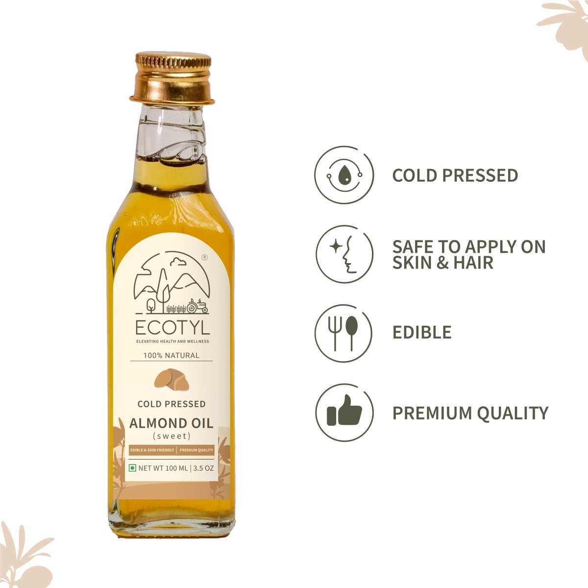 Cold Pressed Almond Oil - Sweet | Haircare & Skincare - 100ml – Cooking Oils on Brown Living™. SKU: ECOTYL00010. Img 3.