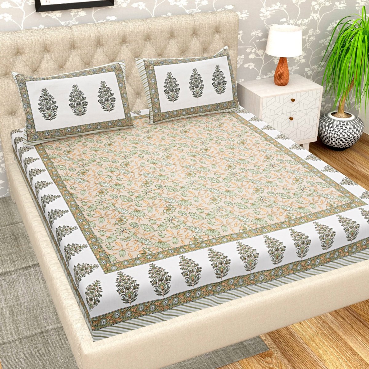 Floral Print Pure Cotton Super King Size Bedsheet with 2 Pillow Covers | Verified Sustainable by Brown Living™