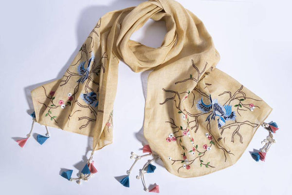 Buy Cream Linen Scarf With Embroidered Birds And Fancy Corner Tassels | Shop Verified Sustainable Womens Scarf on Brown Living™