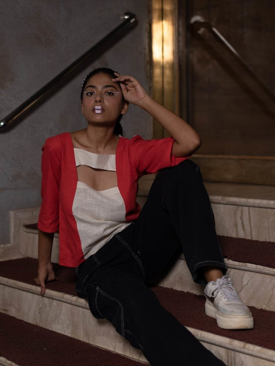 Cut The Crap Top | 100% Handwoven Cotton Fabric | Bold Red Cut Out Top with Cream Fabric Detailing – Womens Top on Brown Living™. SKU: UCC - XS. Img 4.