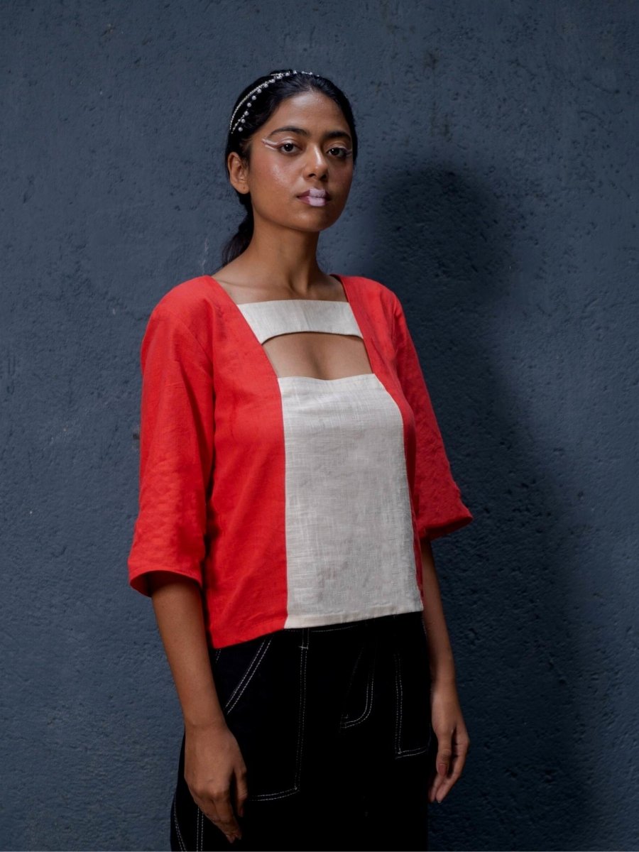 Cut The Crap Top | 100% Handwoven Cotton Fabric | Bold Red Cut Out Top with Cream Fabric Detailing – Womens Top on Brown Living™. SKU: UCC - XS. Img 3.