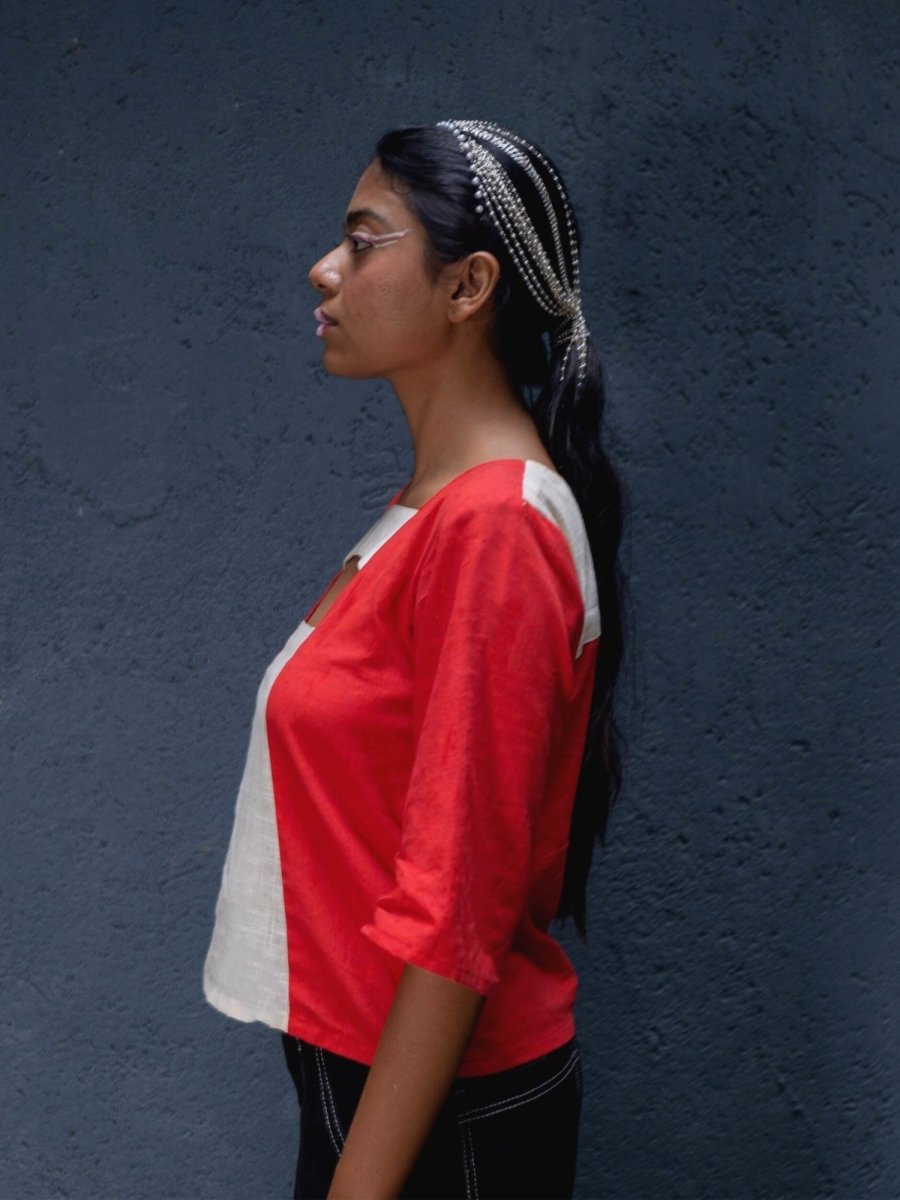 Cut The Crap Top | 100% Handwoven Cotton Fabric | Bold Red Cut Out Top with Cream Fabric Detailing – Womens Top on Brown Living™. SKU: UCC - XS. Img 2.