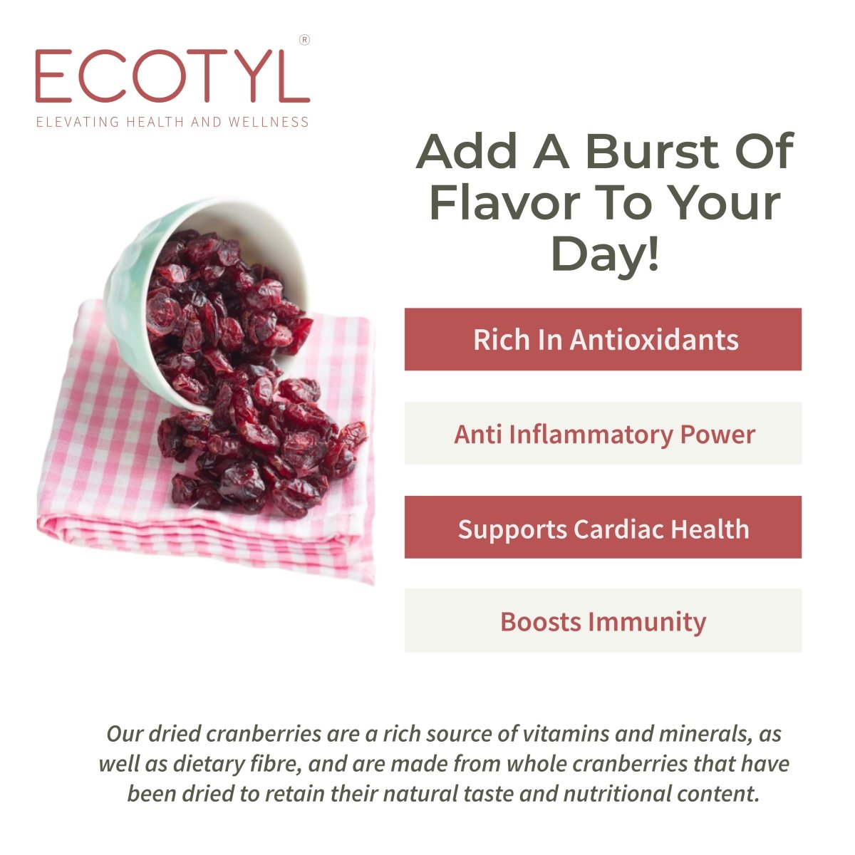 Dried Cranberries | Seedless Dried Fruit | Healthy Snack | 150g – Dried Fruits, Nuts & Seeds on Brown Living™. SKU: ECOTYL00001. Img 2.