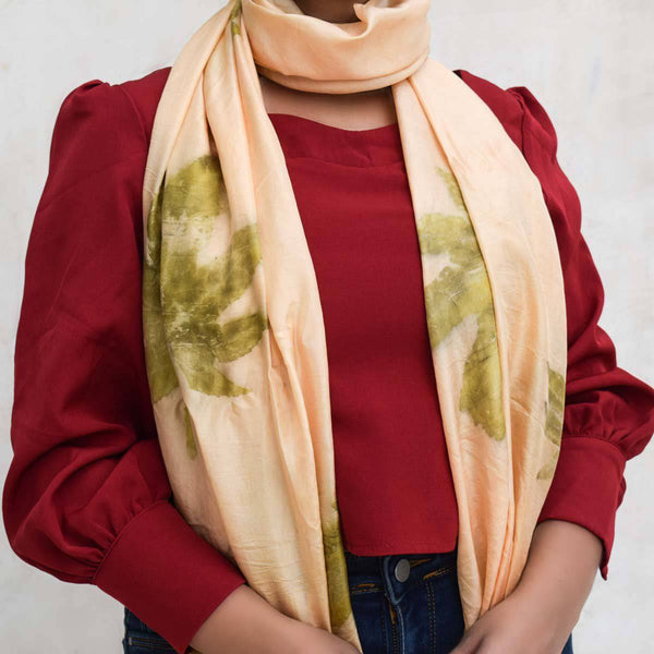 Buy Eco-printed Silk Stole - Peach with Olive Green | Shop Verified Sustainable Womens Scarf on Brown Living™