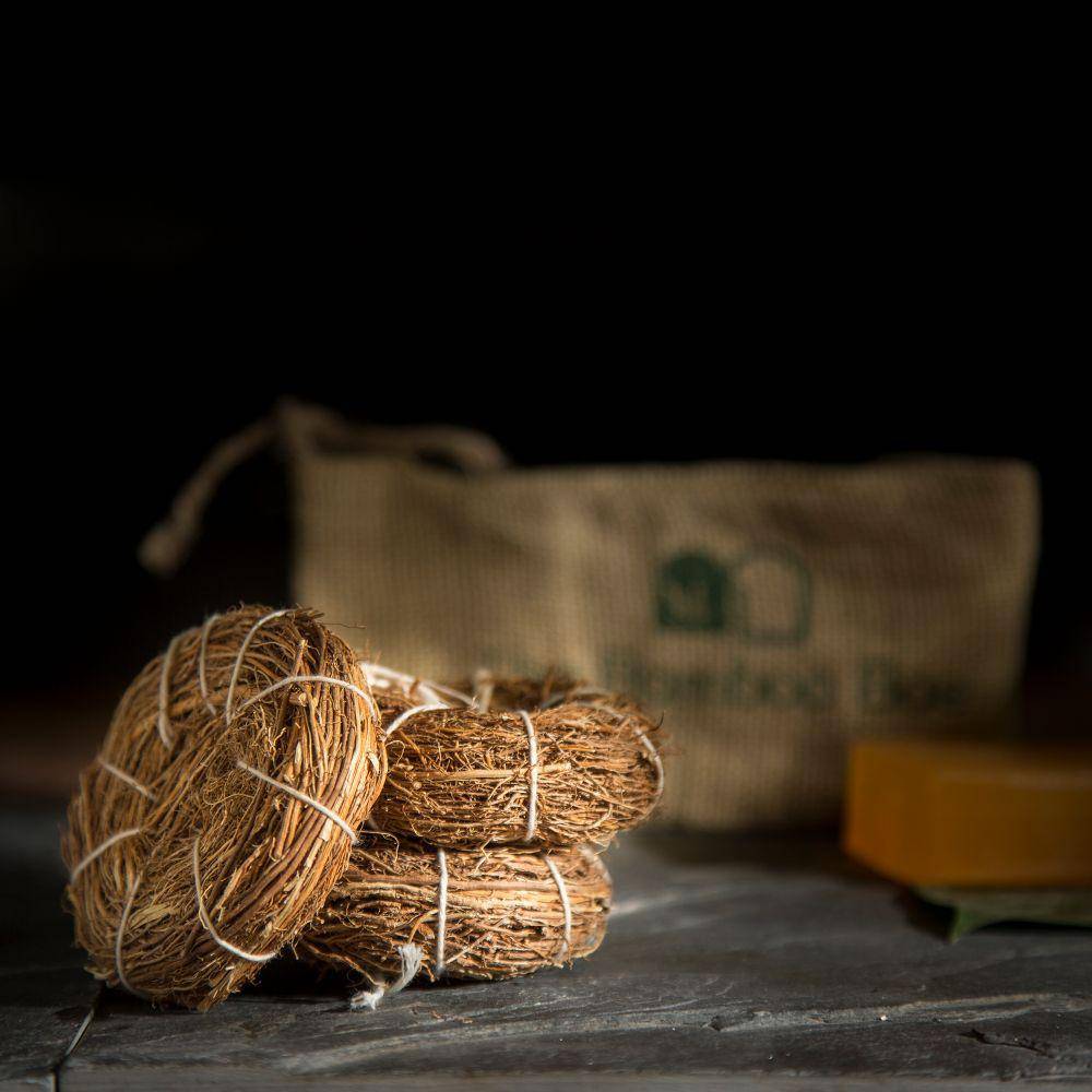 Exfoliating Body Scrubber | Handwoven Vetiver Khas Roots | Set of 2 – Bath Accessories on Brown Living™. SKU: TBB - 38. Img 1.