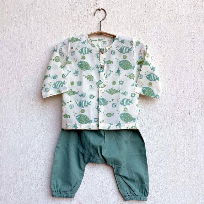 Fish Print Kurta with Pants – Kids Daywear Sets on Brown Living™. SKU: KOI - MNT - KURPJ - 69. Img 1.