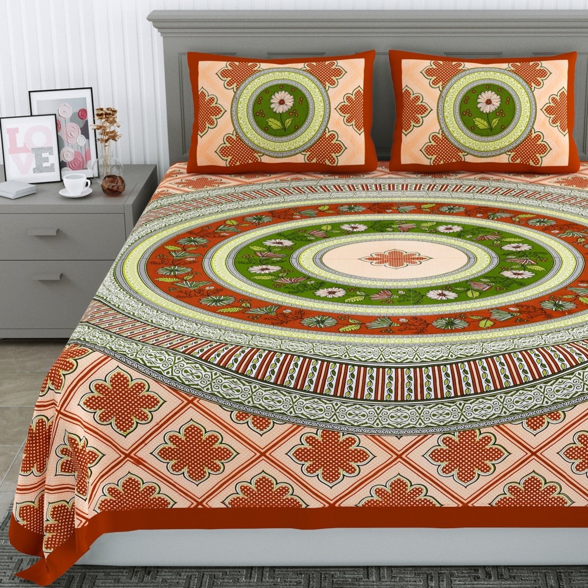 Floral Jaipuri Hand Printed Queen Size Cotton Multi Bedsheet with Pillow Covers | Verified Sustainable by Brown Living™