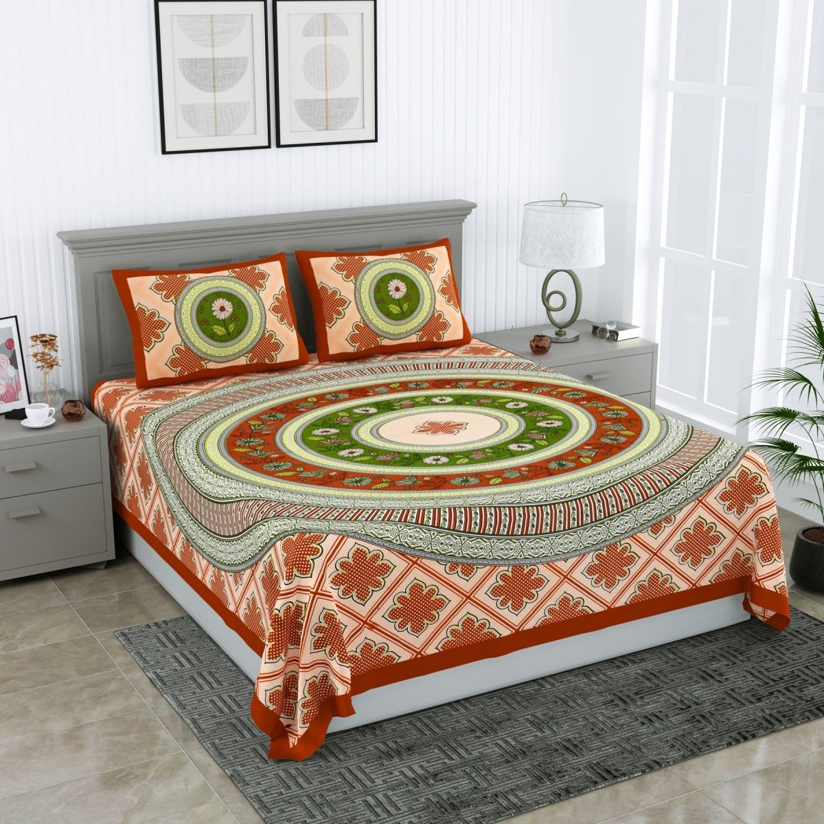 Floral Jaipuri Hand Printed Queen Size Cotton Multi Bedsheet with Pillow Covers | Verified Sustainable by Brown Living™