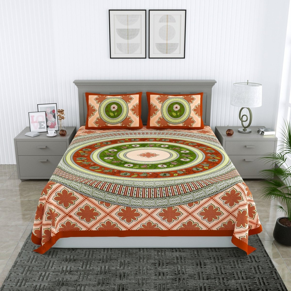 Floral Jaipuri Hand Printed Queen Size Cotton Multi Bedsheet with Pillow Covers | Verified Sustainable by Brown Living™