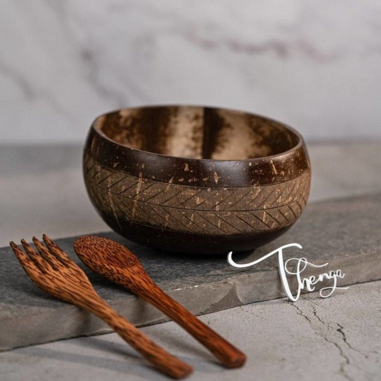 Geometric Jumbo 900 ml Coconut Bowl with Spoon and Fork Brown – Serving Set on Brown Living™. SKU: 173 - 13763 - THENGA22. Img 2.
