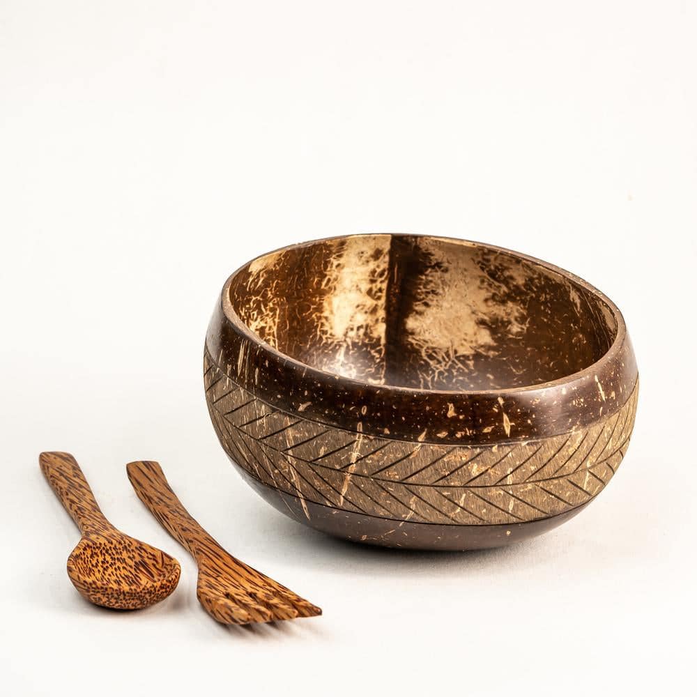 Geometric Jumbo 900 ml Coconut Bowl with Spoon and Fork Brown – Serving Set on Brown Living™. SKU: 173 - 13763 - THENGA22. Img 1.