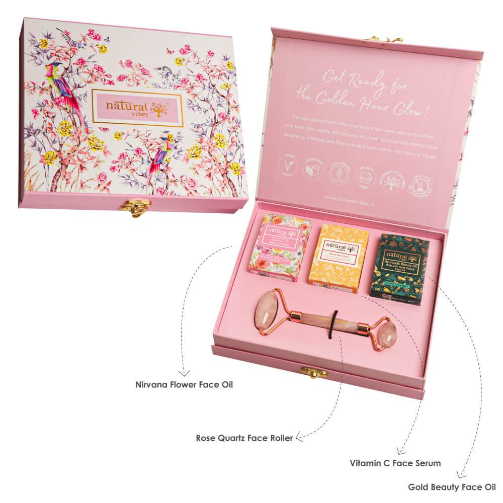 Gift Set Rose Quartz Face Roller – Massager by Natural Vibes available on Brown Living™. . SKU: 063 - 11073 - NV_gift_rose_roller_oils. Img 7.