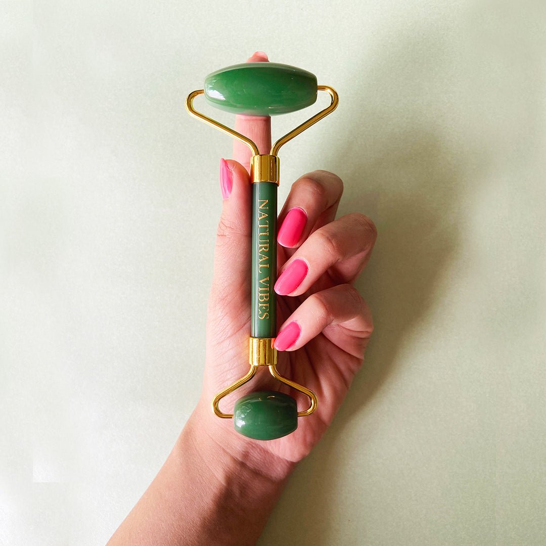 Glow Getter Gift Set with Jade Face Roller – Massager by Natural Vibes available on Brown Living™. . SKU: 063 - 08508 - NV_gift_jade_roller_oils. Img 9.