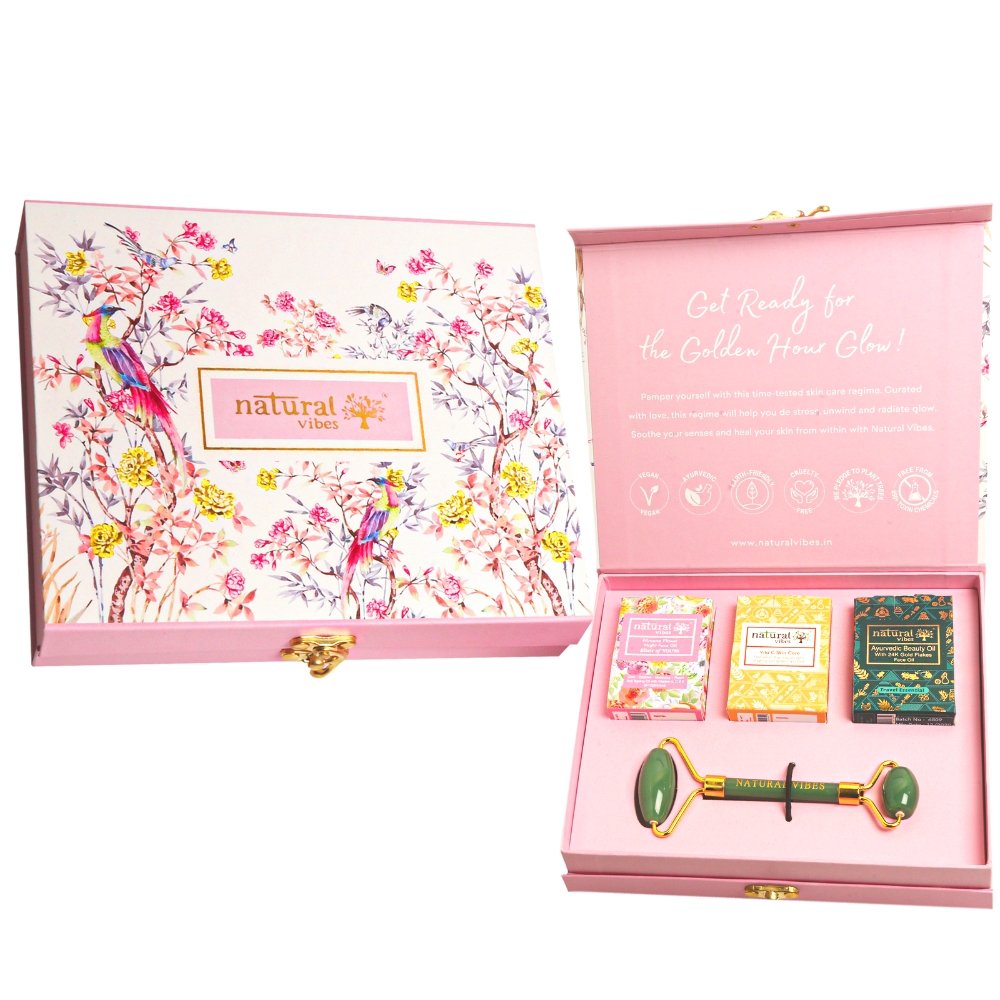 Glow Getter Gift Set with Jade Face Roller – Massager by Natural Vibes available on Brown Living™. . SKU: 063 - 08508 - NV_gift_jade_roller_oils. Img 6.