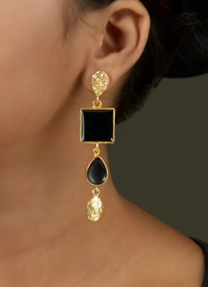 Gold Plated Brass Earrings with Black Enamelling | Verified Sustainable by Brown Living™