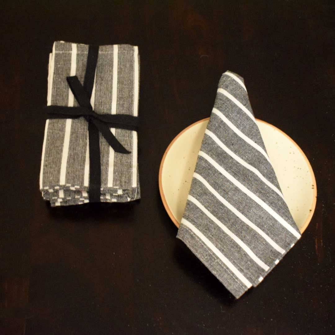 Grey Handmade Cotton Striped Dining Napkins - Set of 6 | Verified Sustainable by Brown Living™