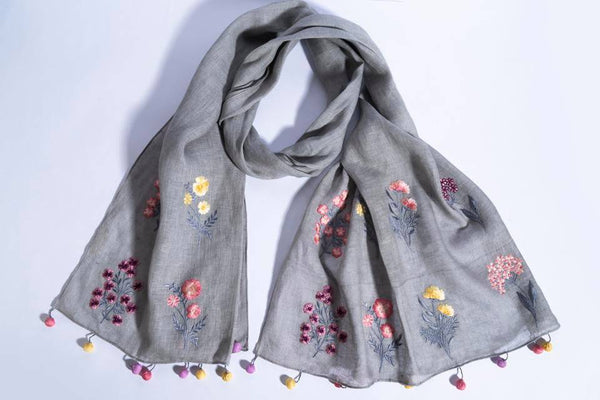 Buy Grey Linen Scarf With Embroidered Flower Bunches & Fancy Tassels | Shop Verified Sustainable Womens Scarf on Brown Living™