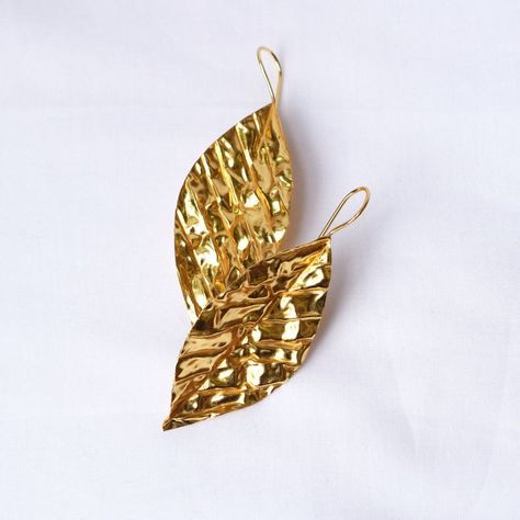 Hammered Leaf Gold Plated Brass Earrings | Verified Sustainable by Brown Living™