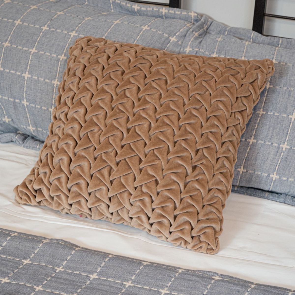 Hand Pleated Cross Mocha Cushion Cover 18x18 inches | Verified Sustainable by Brown Living™
