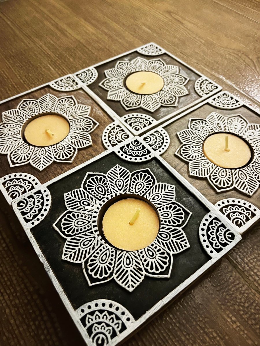 Handcrafted Wooden Diya | Tea light holders | Square Rangoli Design – Gift Giving by GreenFootPrint available on Brown Living™. . SKU: WD - Square - set of 2. Img 3.