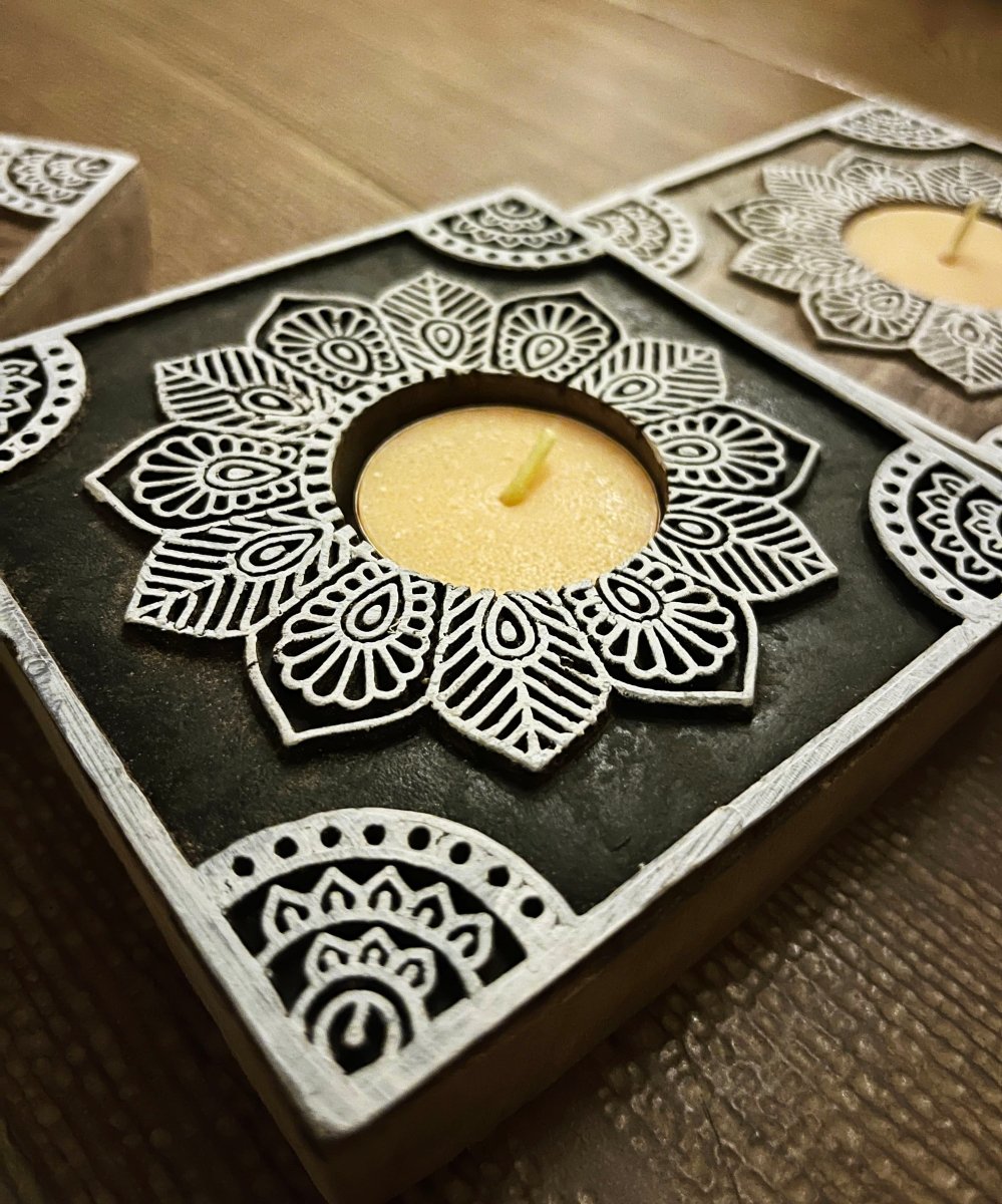 Handcrafted Wooden Diya | Tea light holders | Square Rangoli Design – Gift Giving by GreenFootPrint available on Brown Living™. . SKU: WD - Square - set of 2. Img 4.