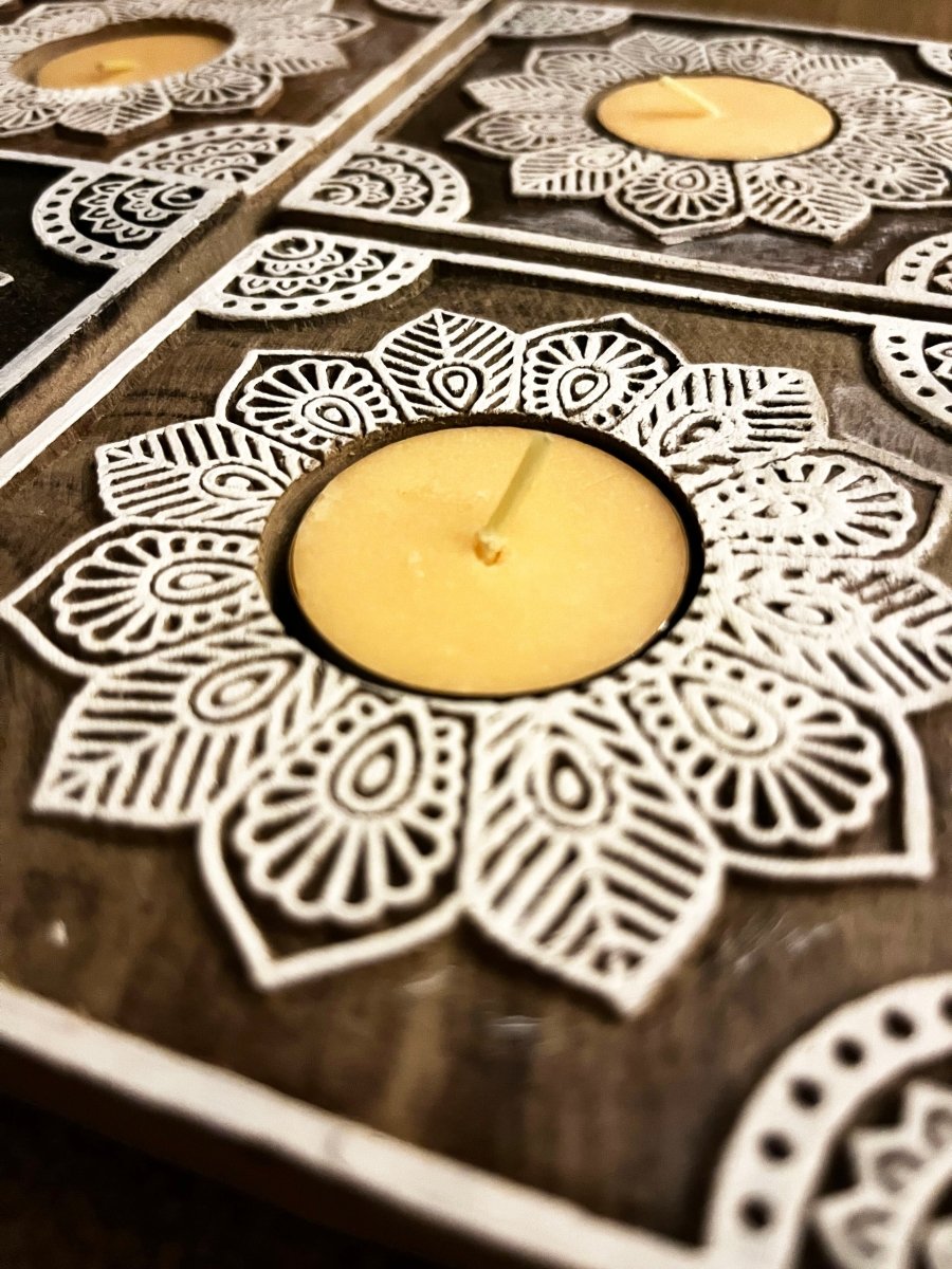 Handcrafted Wooden Diya | Tea light holders | Square Rangoli Design – Gift Giving by GreenFootPrint available on Brown Living™. . SKU: WD - Square - set of 2. Img 2.