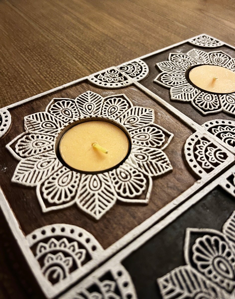 Handcrafted Wooden Diya | Tea light holders | Square Rangoli Design – Gift Giving by GreenFootPrint available on Brown Living™. . SKU: WD - Square - set of 2. Img 1.