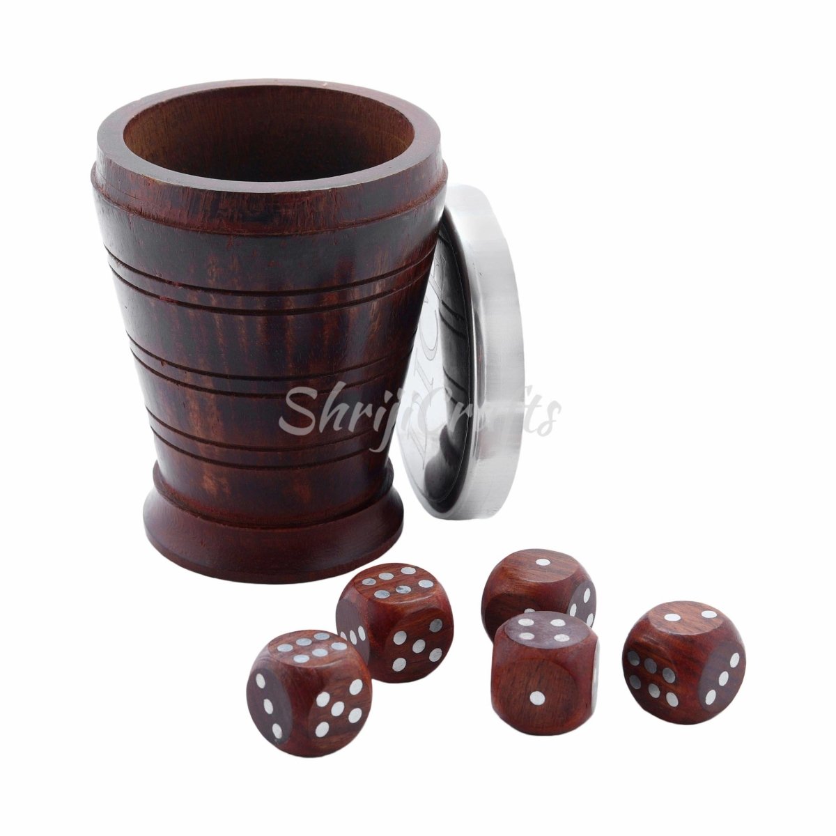 Handcrafted Set of 5 Wooden Gaming Dice with Storage Cup and Brass LID – Learning & Educational Toys on Brown Living™. SKU: 1061. Img 2.