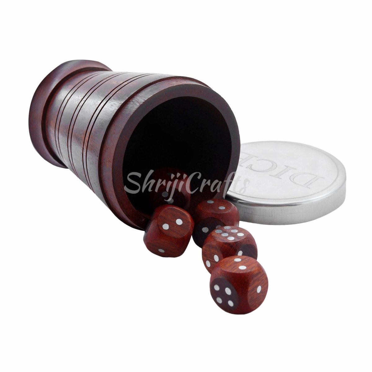 Handcrafted Set of 5 Wooden Gaming Dice with Storage Cup and Brass LID – Learning & Educational Toys on Brown Living™. SKU: 1061. Img 1.